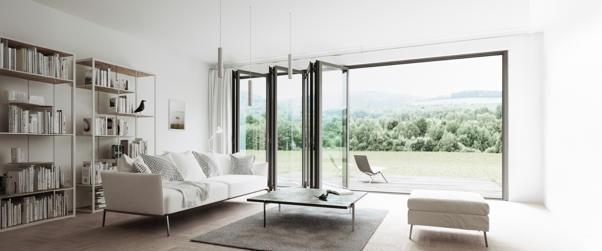 Open Ecoline bi-folding door with view of the garden