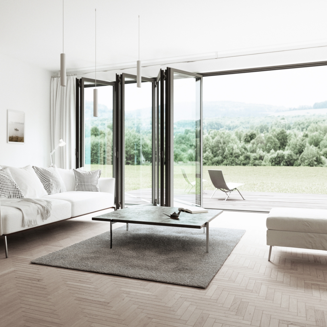 geöffnete Glas-Faltwand Ecoline mit Blick in den Garten