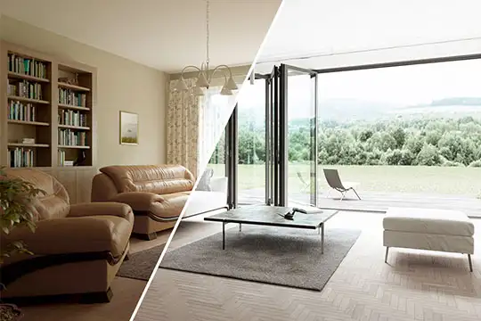 Links ein altes Wohnzimmer und rechts ein modernes und renoviertes Wohnzimmer