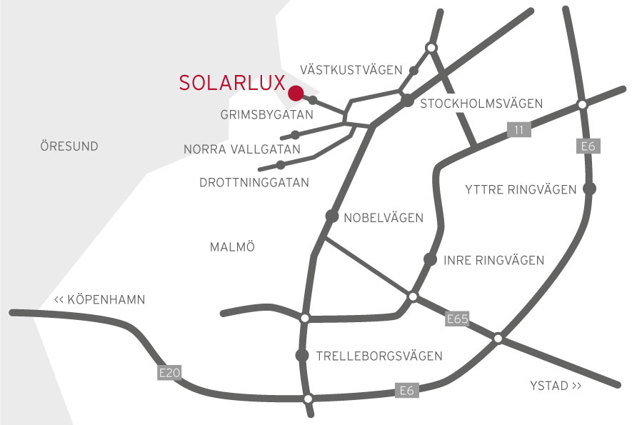 Kort til Solarlux showroom i Malmø.