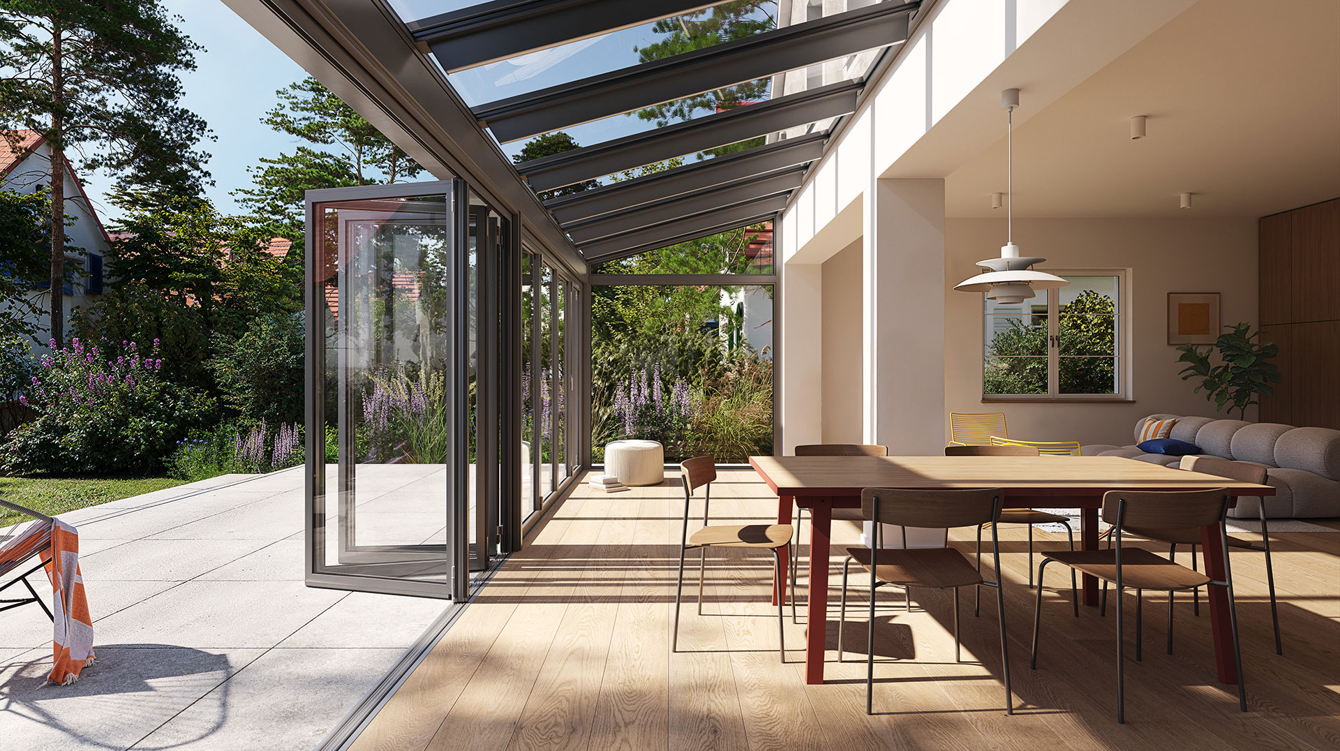 Wintergarten Avario Smart mit geöffneter Glas-Faltwand