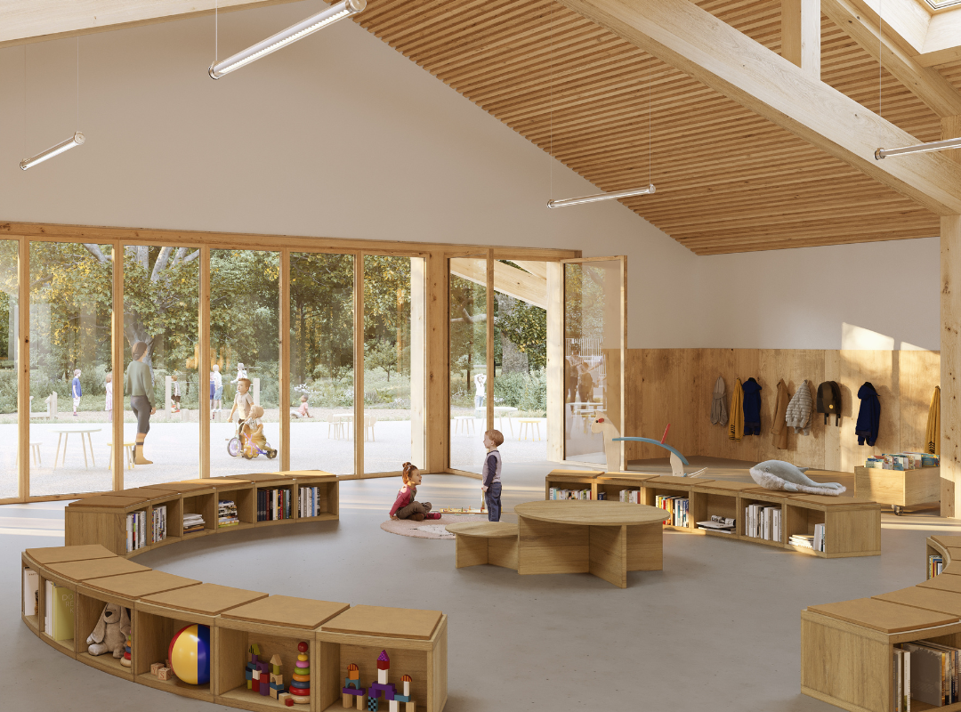 Centre de loisir éco-responsable Cergy avec baie accordéon bois Solarlux