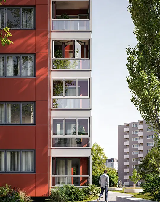 Wärmegedämmtes Fassadenmodul mit Glas-Faltwand