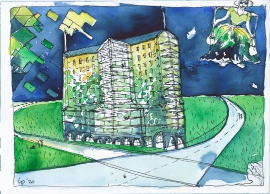 Solarlux balkonbeglazing - Catharinatoren - ontwerpschets van Liesbeth van der Pol - Dok architecten