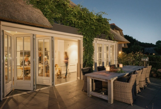 Foldedør i træ fra Solarlux som åbner op for rummet