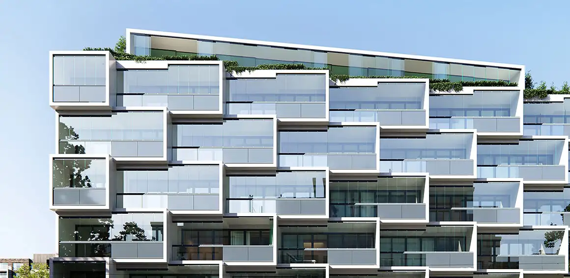 Udsigt til en fleretagers bygning med Solarlux altanglas
