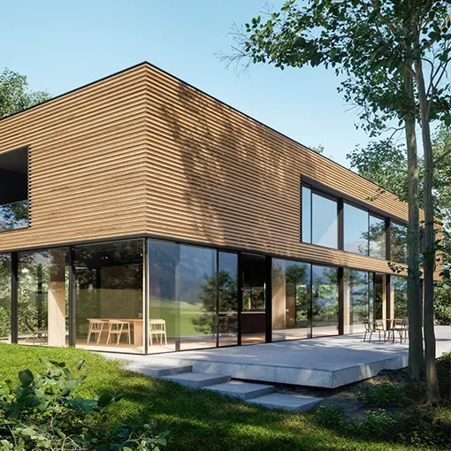 Modern villa i trä och glas med skjutpartiet cero IV från Solarlux. 