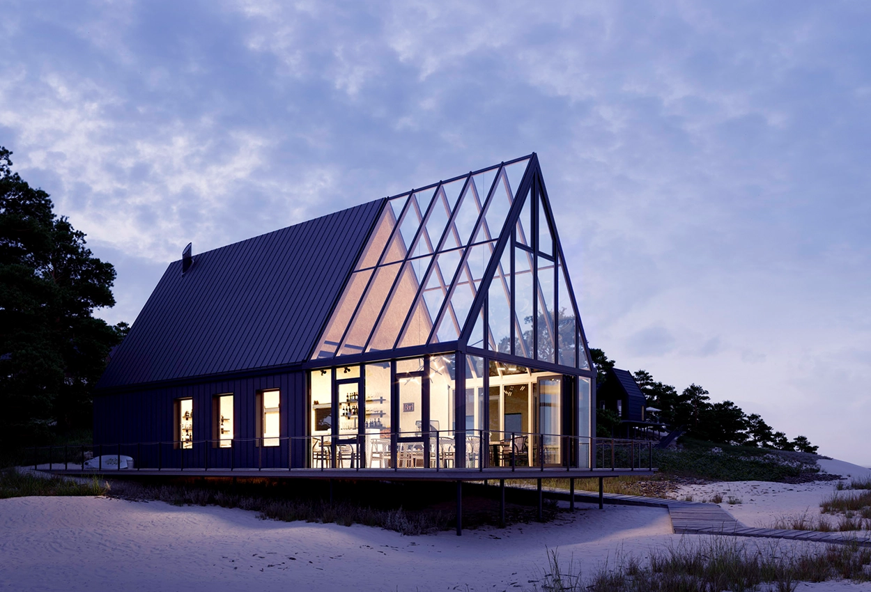 Kubisk udestue med markise under taget og lodret markise. 