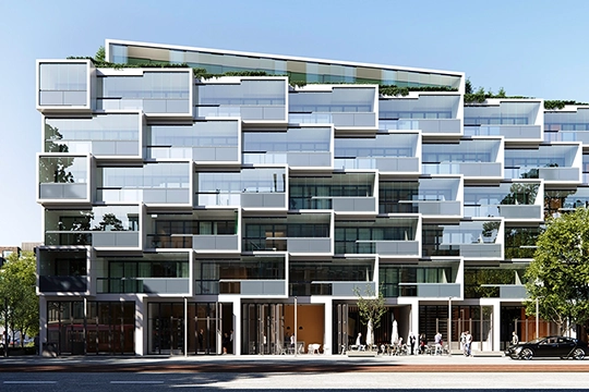 Modernes Gebäude mit vielen verglasten Balkonen